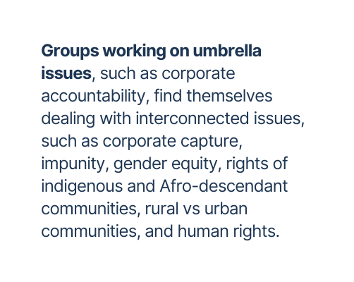 Groups working on umbrella issues such as corporate accountability find themselves dealing with interconnected issues such as corporate capture impunity gender equity rights of indigenous and Afro descendant communities rural vs urban communities and human rights